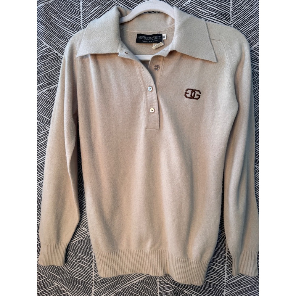 Vintage Givenchy Paris New York Collared Knit‎ Sweater Beige Logo